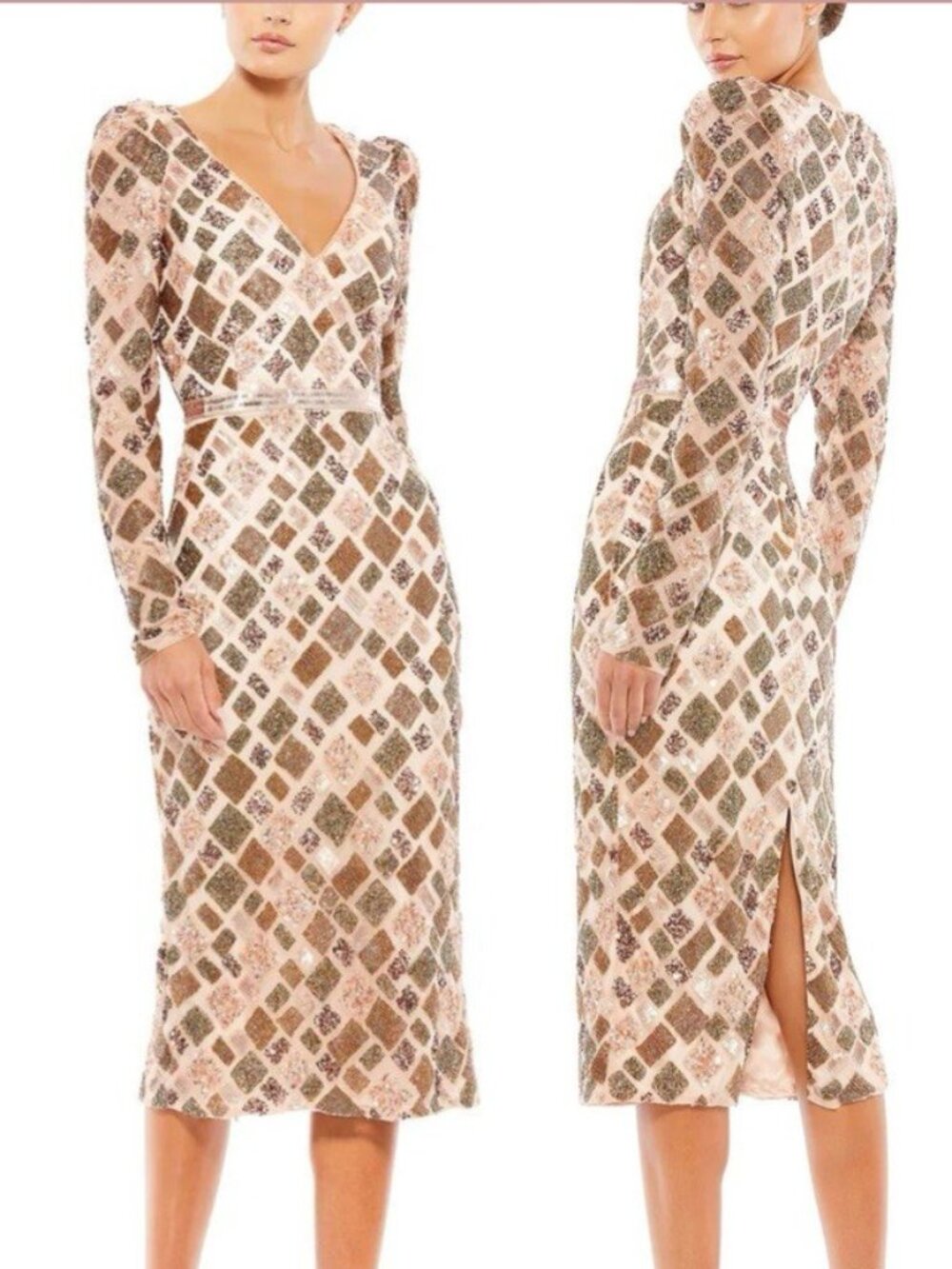 Mac Duggal Size 10 Peach 5472 Geometric Embellished Midi Sheath Cocktail Dress